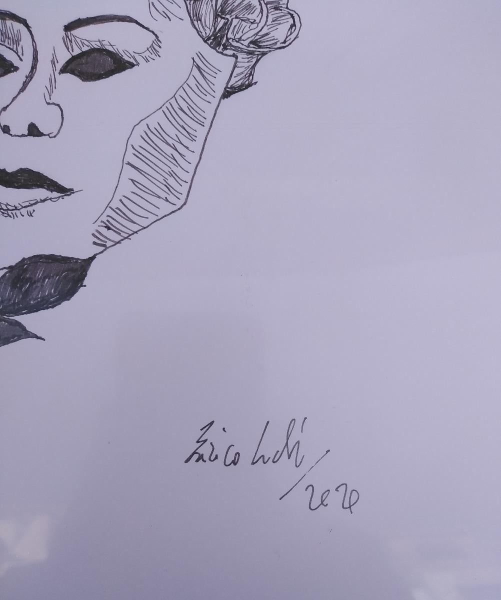 Mask with Flowers -  Drawing by Enrico Josef Cucchi - 2020 For Sale 1