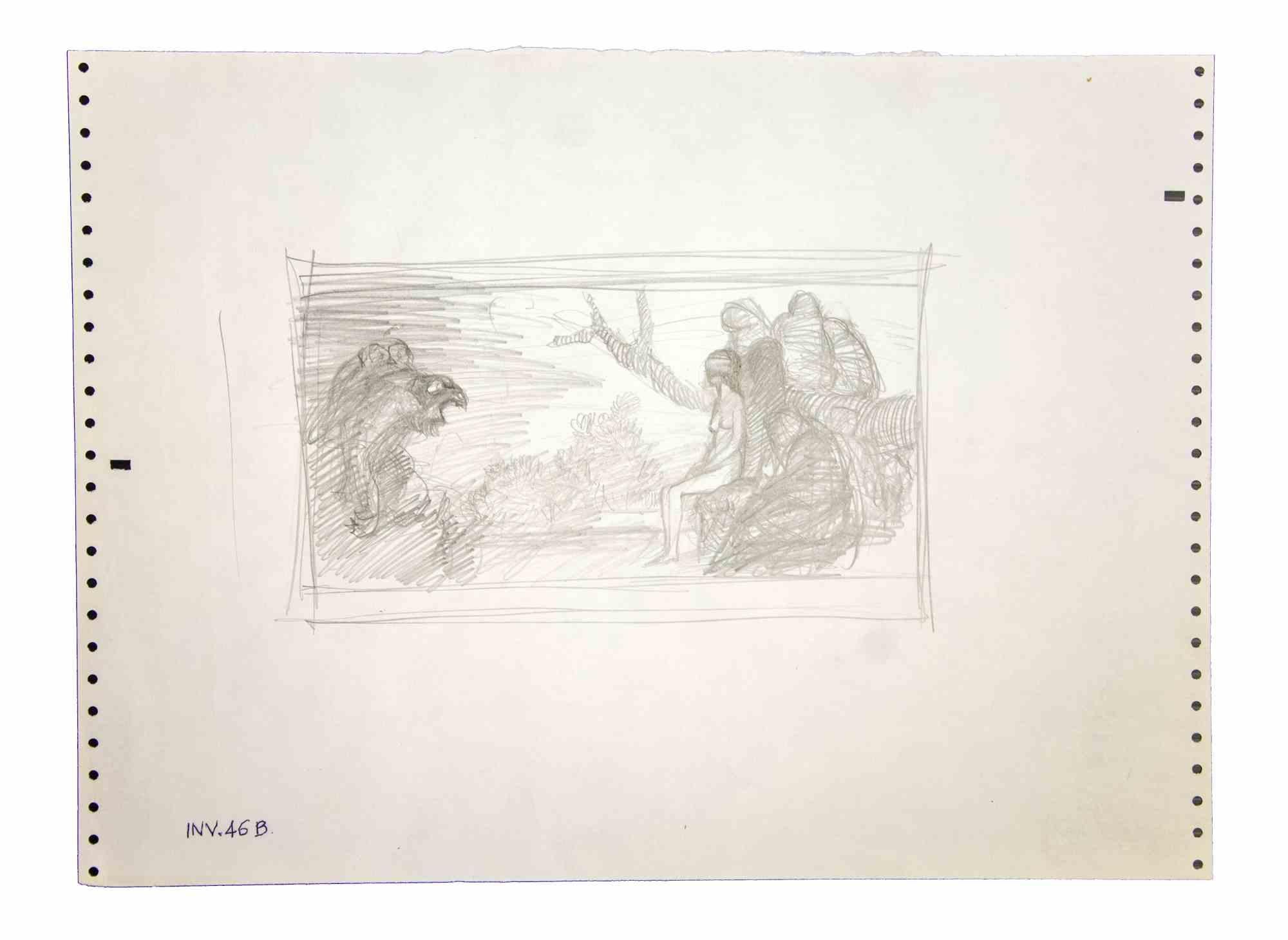 Sybil im Wald ist eine Originalzeichnung mit Bleistift auf Papier, die Leo Guida in den 1970er Jahren anfertigte.

Guter Zustand.

Leo Guida  (1992 - 2017). Mit seinem Gespür für aktuelle Themen, künstlerische Strömungen und historische Techniken