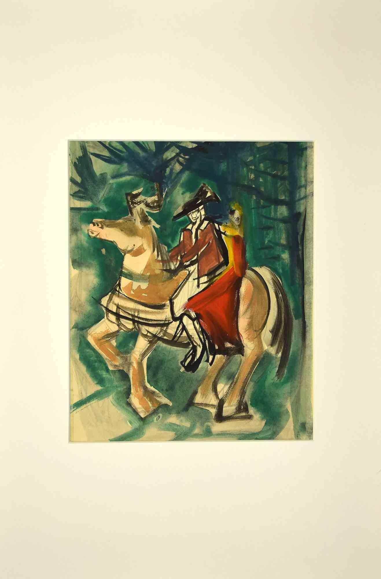 Ritter und Mädchen – Zeichnung – 1950er Jahre – Mixed Media Art von Unknown