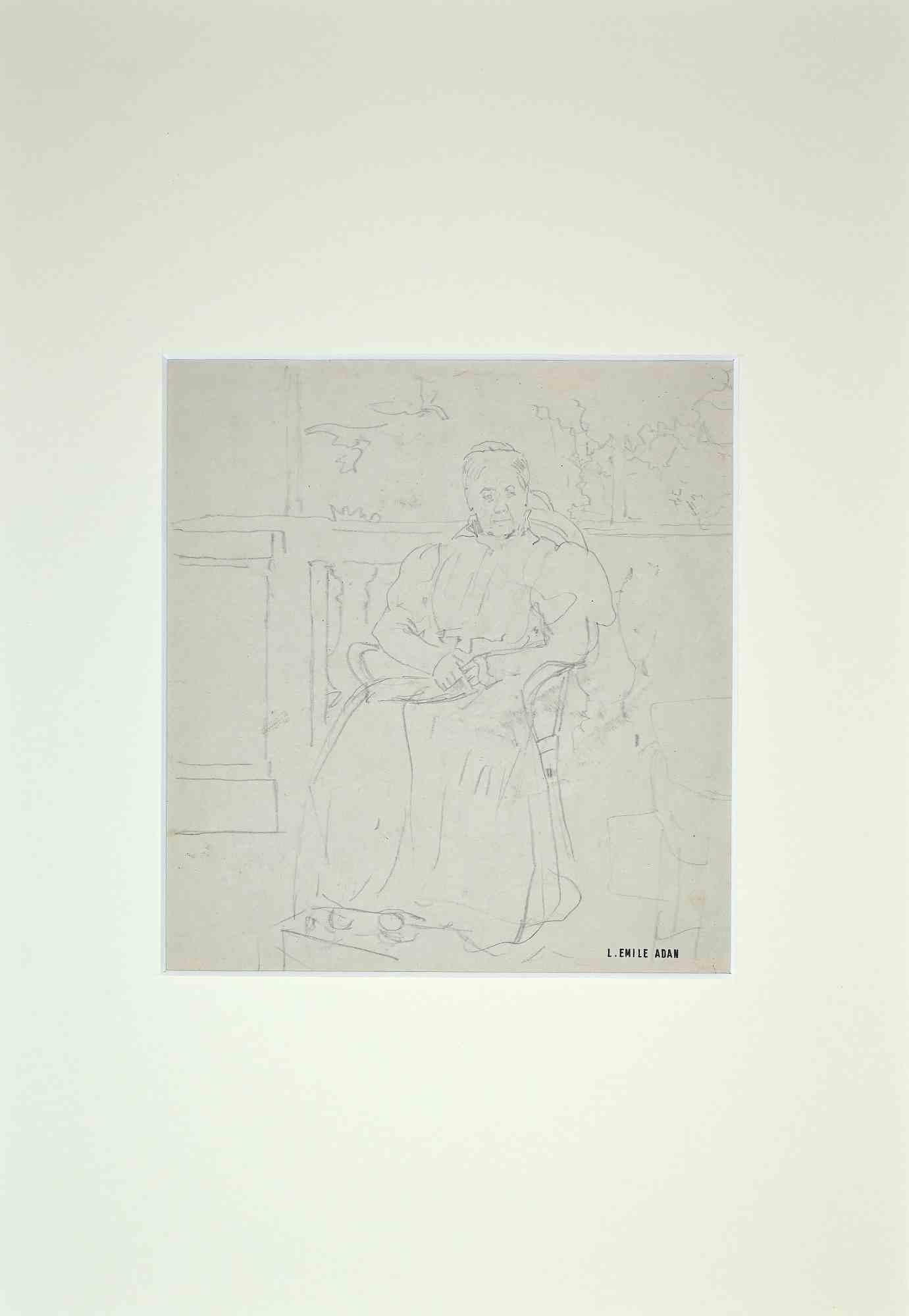 Louis Emile Adan Figurative Art -  Portrait of a Lady on a Terrace - Drawing by L.E. Adan - 1930s