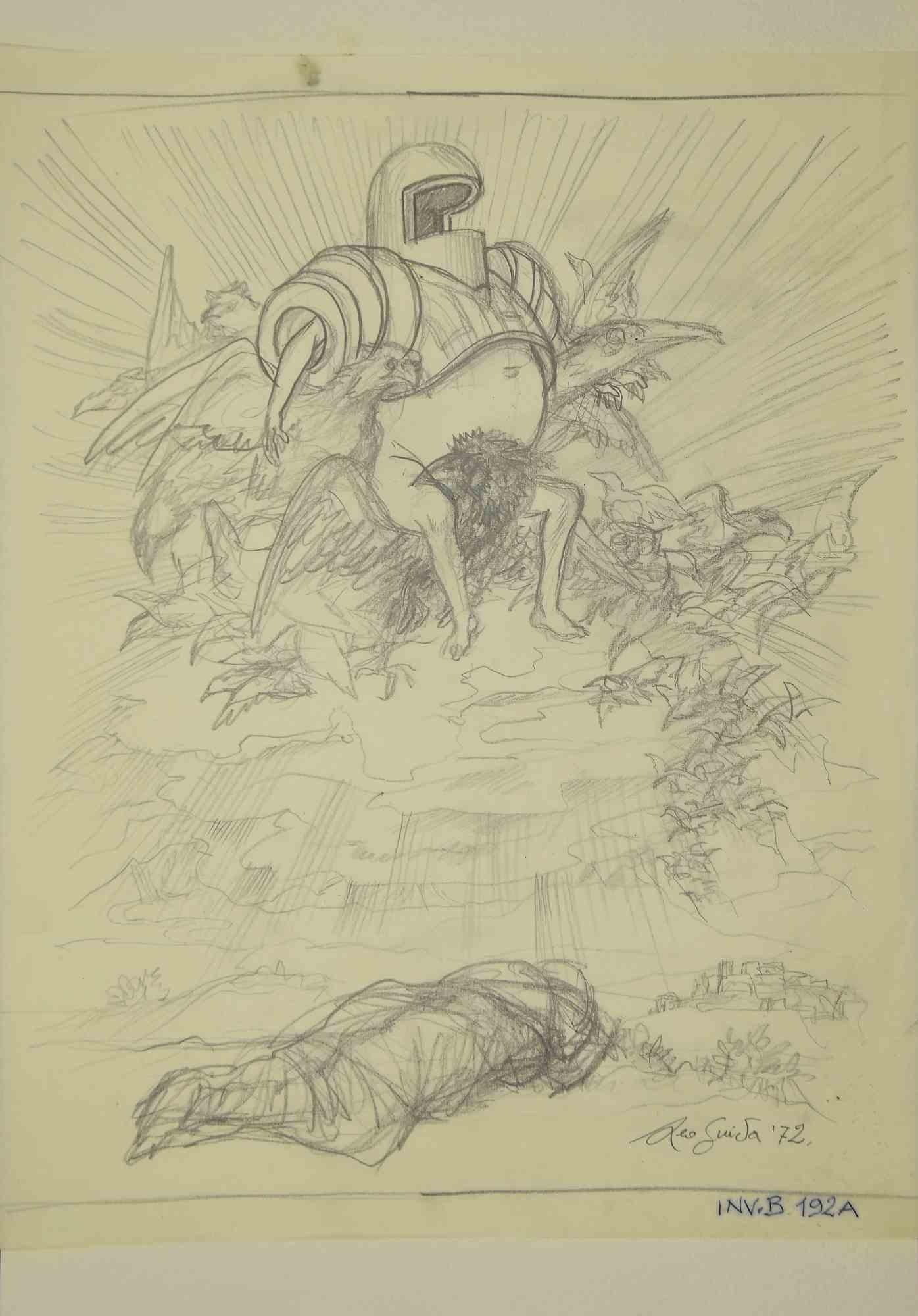 Knight on a Winged Throne is an original drawing in pencil realized by Leo Guida in 1972.

Good condition. except for being aged.

Leo Guida  (1992 - 2017). Sensitive to current issues, artistic movements and historical techniques, Leo Guida has