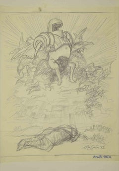 Cavaliere su un trono alato - Disegno di Leo Guida - 1972