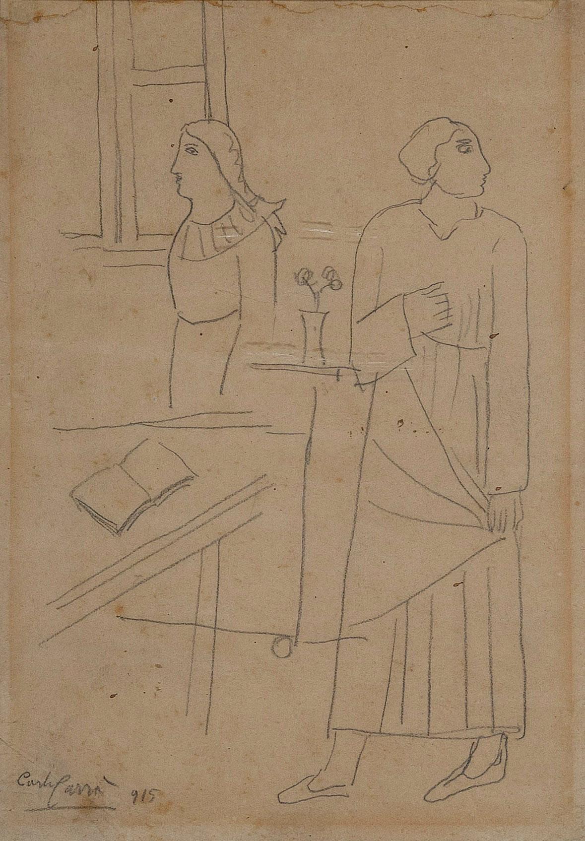 Dessin original, 1915.
Dimensions : 22,5 x 16,1 cm

Signé à la main. Certificat d'authenticité sur la photographie de Massimo Carrà (8/05/2002).

Figure in un interno est un dessin de Carlo Carrà. Cet artiste italien d'avant-garde est réputé pour