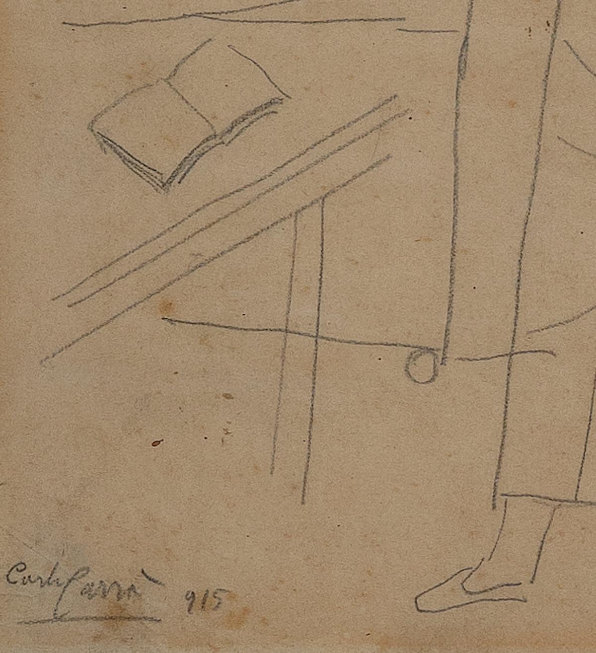 Figure in un Interno - Drawing by Carlo Carrà - 1915 For Sale 1