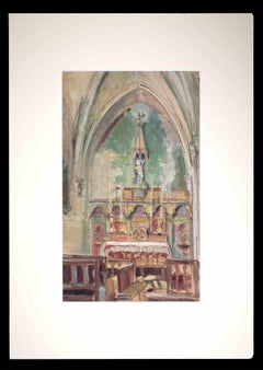 A l'intérieur d'une église - dessin original de Rmy Hetreau - 1937