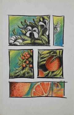 Orange Blossoms and Oranges - Original Drawing by Perrine Gretener - 1970s