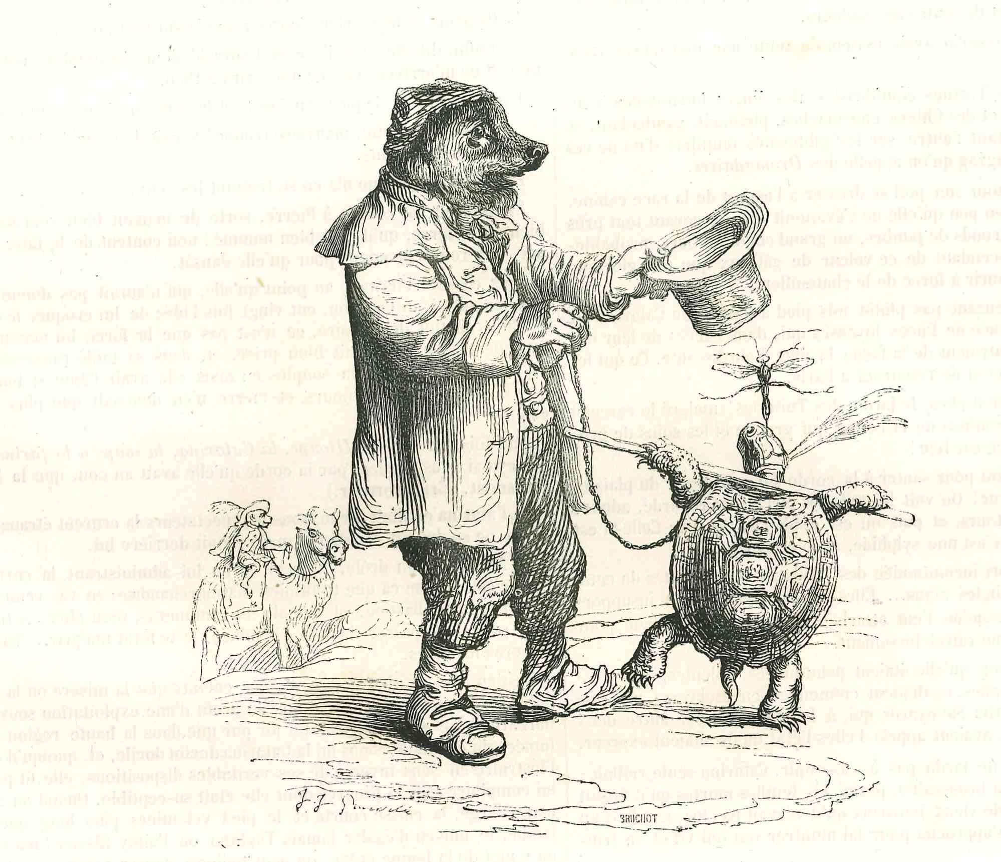 L'ours du Beggar Bear - Lithographie originale de J.J Grandville - 1852 - Art de Jean Jeacques Grandville