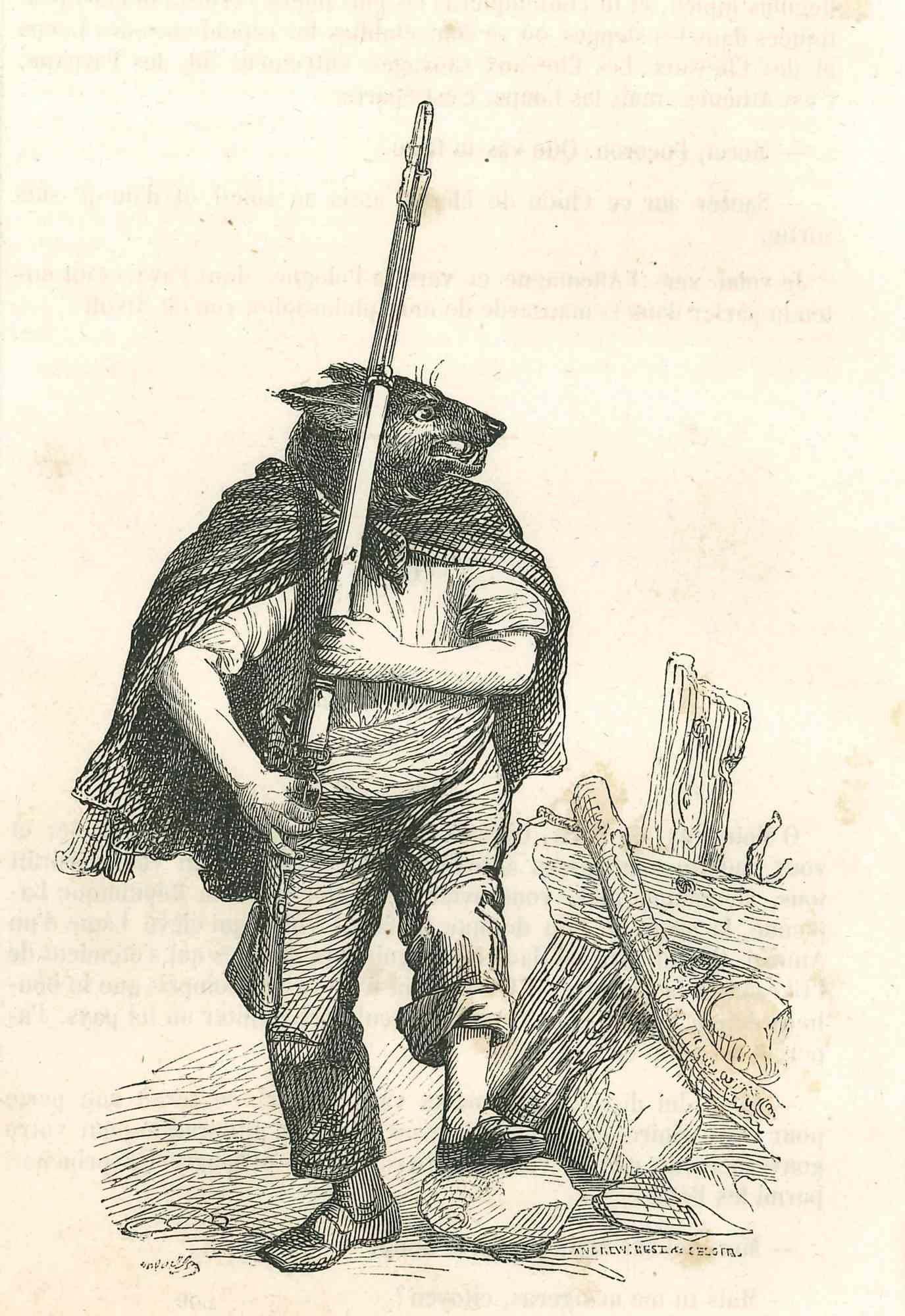 The Sniper - Original Lithograph by J.J Grandville - 1852 - Art by Jean Jeacques Grandville
