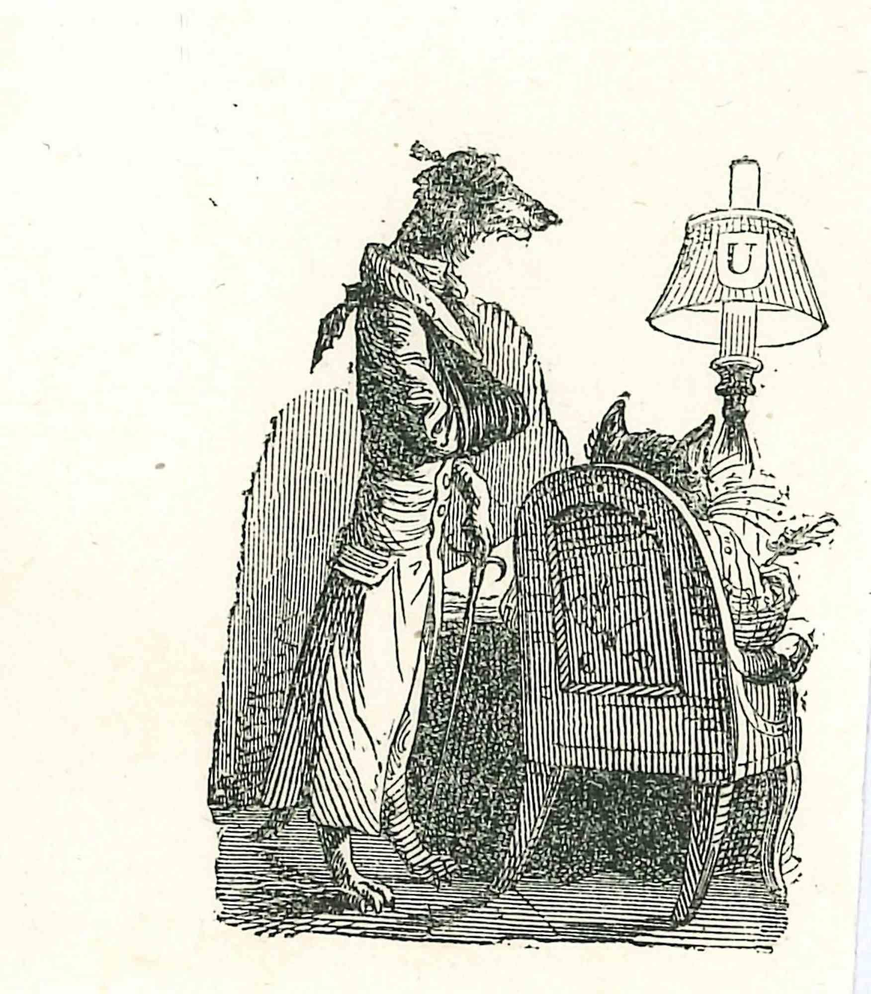 The Conversation - Original Lithograph by J.J Grandville - 1852 - Art by Jean Jeacques Grandville