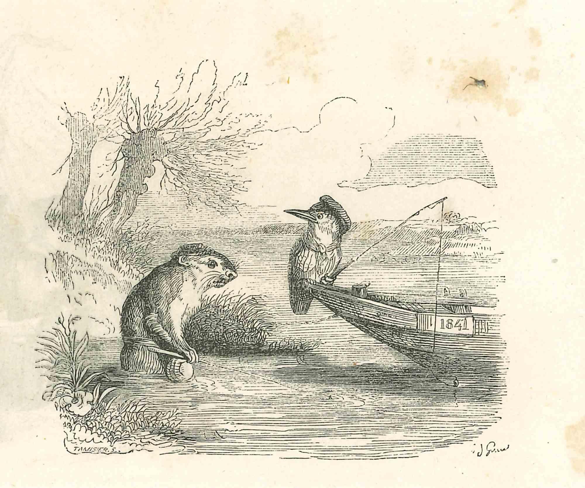 The Fishing - Original Lithograph by J.J Grandville - 1852 - Art by Jean Jeacques Grandville
