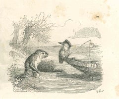 Antique The Fishing - Original Lithograph by J.J Grandville - 1852