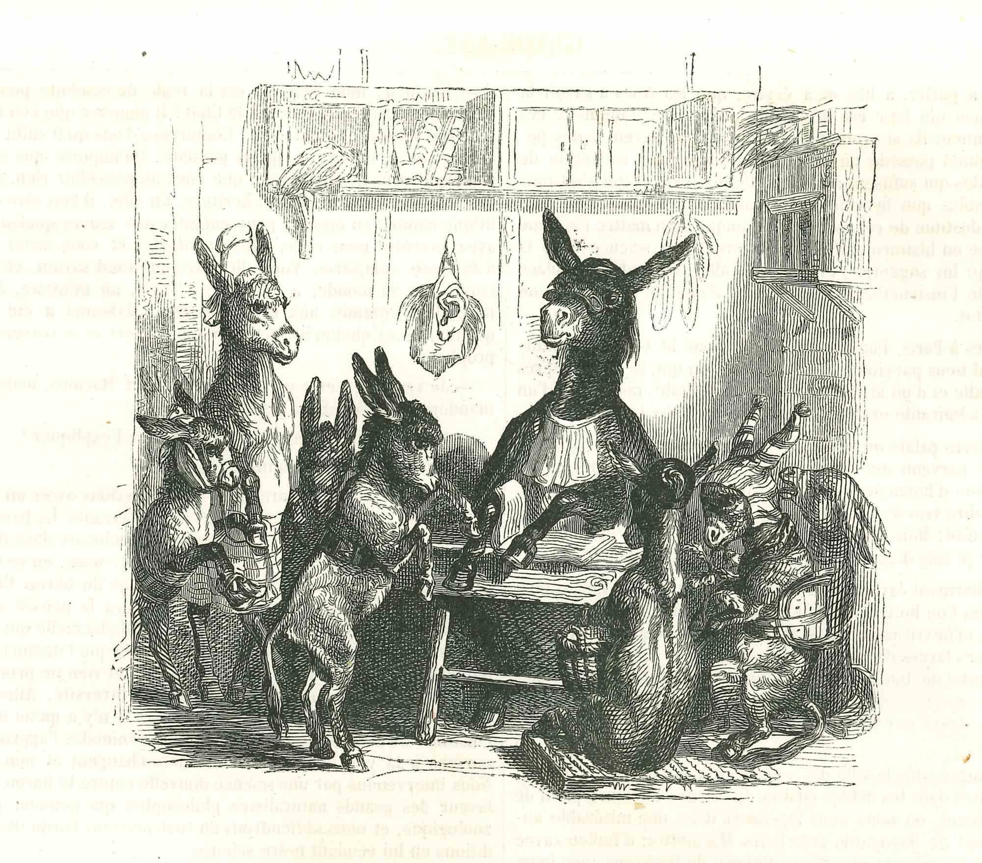 The Donkey Family - Original Lithograph by J.J Grandville - 1852 - Art by Jean Jeacques Grandville