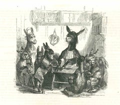 The Donkey Family - Original Lithograph by J.J Grandville - 1852