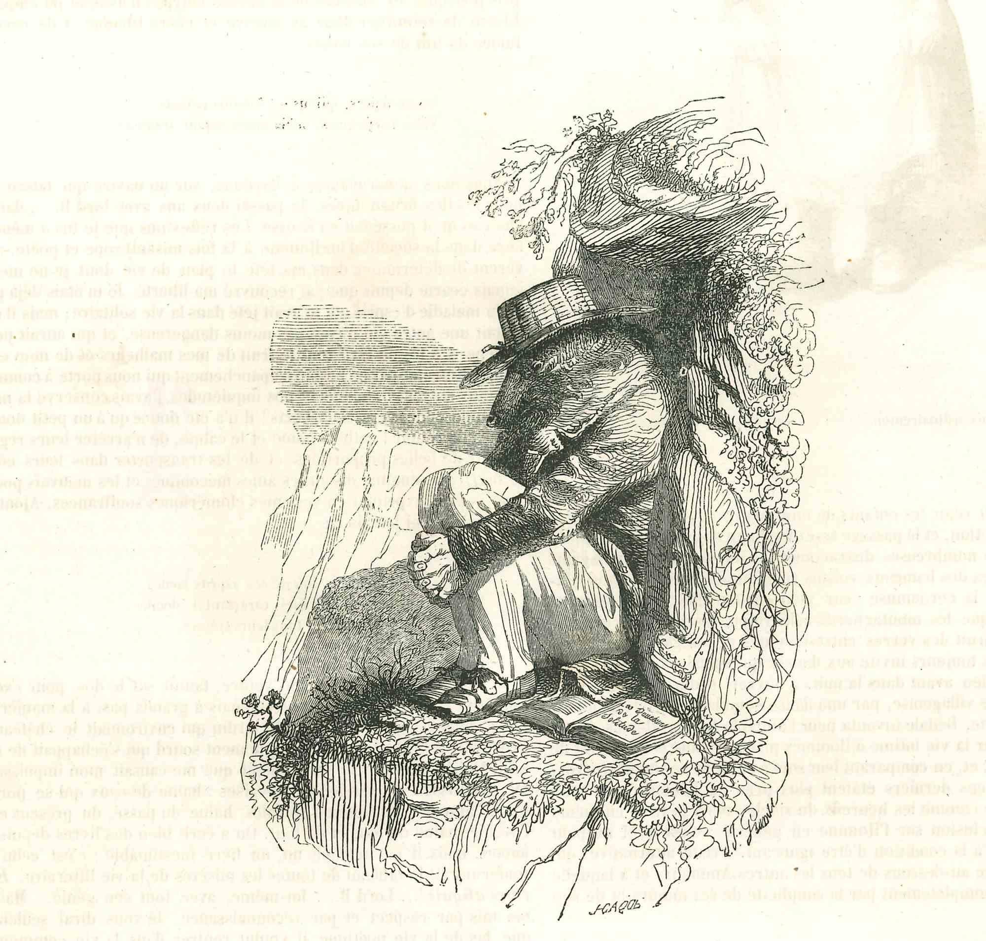The Solitary Reader - Original Lithograph by J.J Grandville - 1852 - Art by Jean Jeacques Grandville