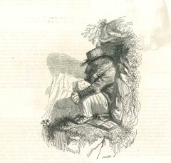 Antique The Solitary Reader - Original Lithograph by J.J Grandville - 1852