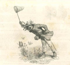 The Butterfly Hunter - Original Lithograph by J.J Grandville - 1852