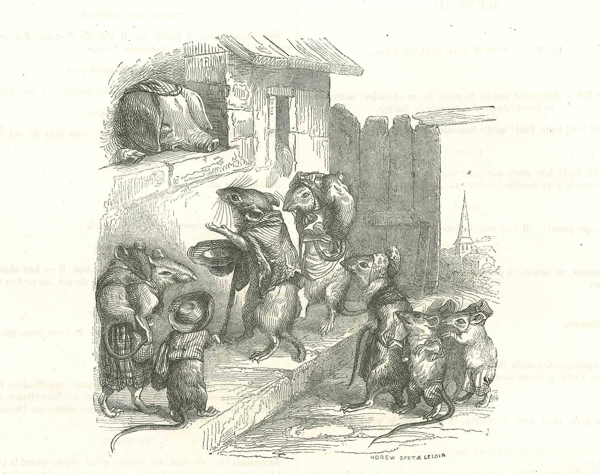 Las ratas mendigas es una litografía original de J.J. Grandville de "Scènes de la vie privée et publique des animaux, 1852. Publicado por Manesq & Harvard, París. 

Buenas condiciones.

La obra de arte se representa mediante trazos fuertes con una