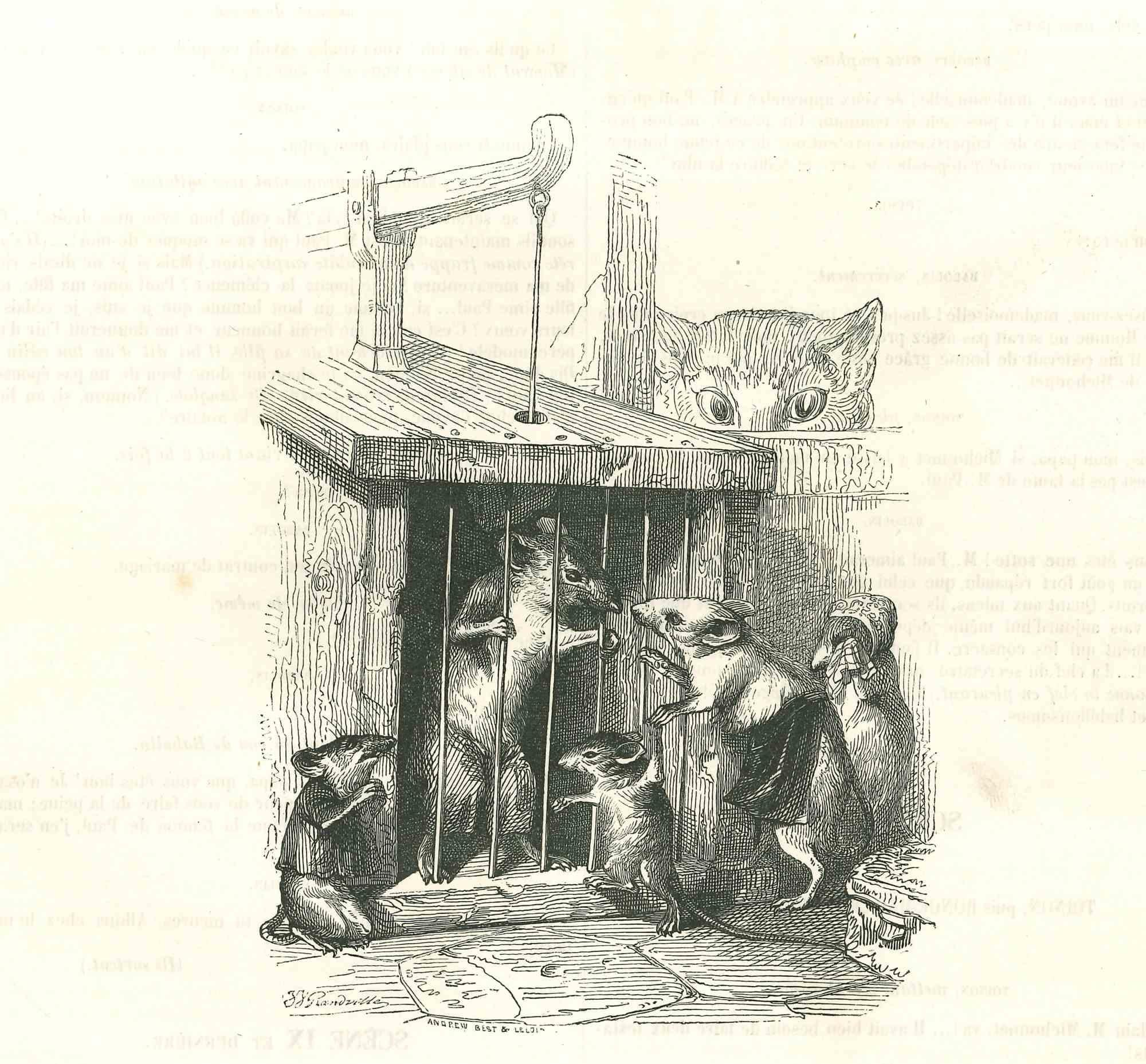 Jean Jeacques Grandville Animal Print - Visit to a Prisoner - Original Lithograph by J.J Grandville - 1852