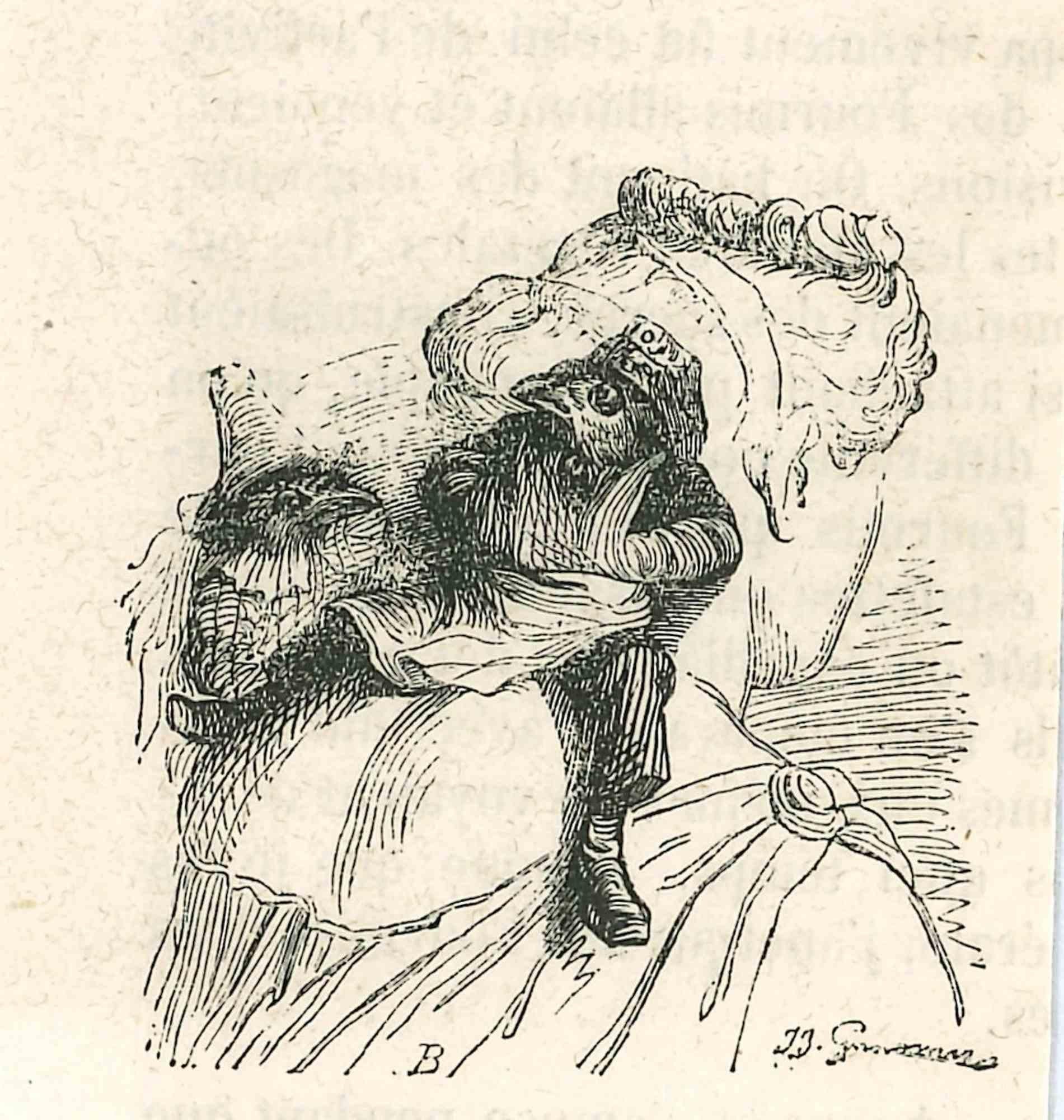 El ascensor - Litografía original de J. J. Grandville - 1852