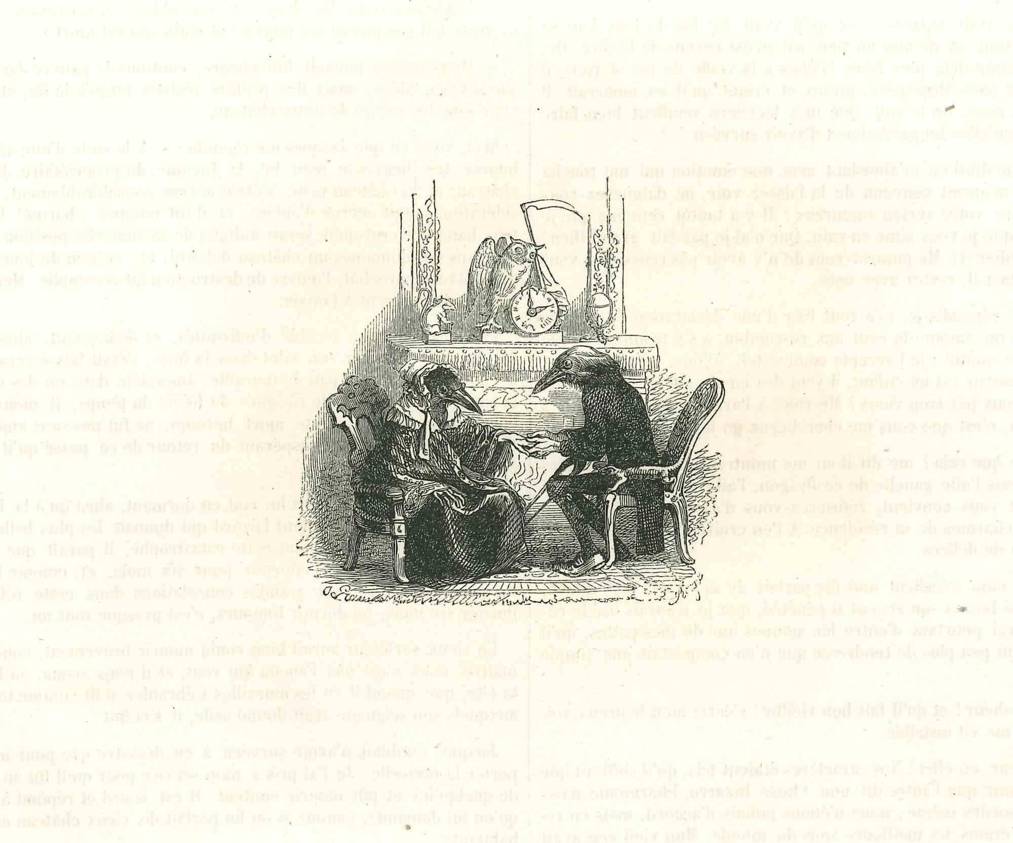 A Family Scene - Original Lithograph by J.J Grandville - 1852