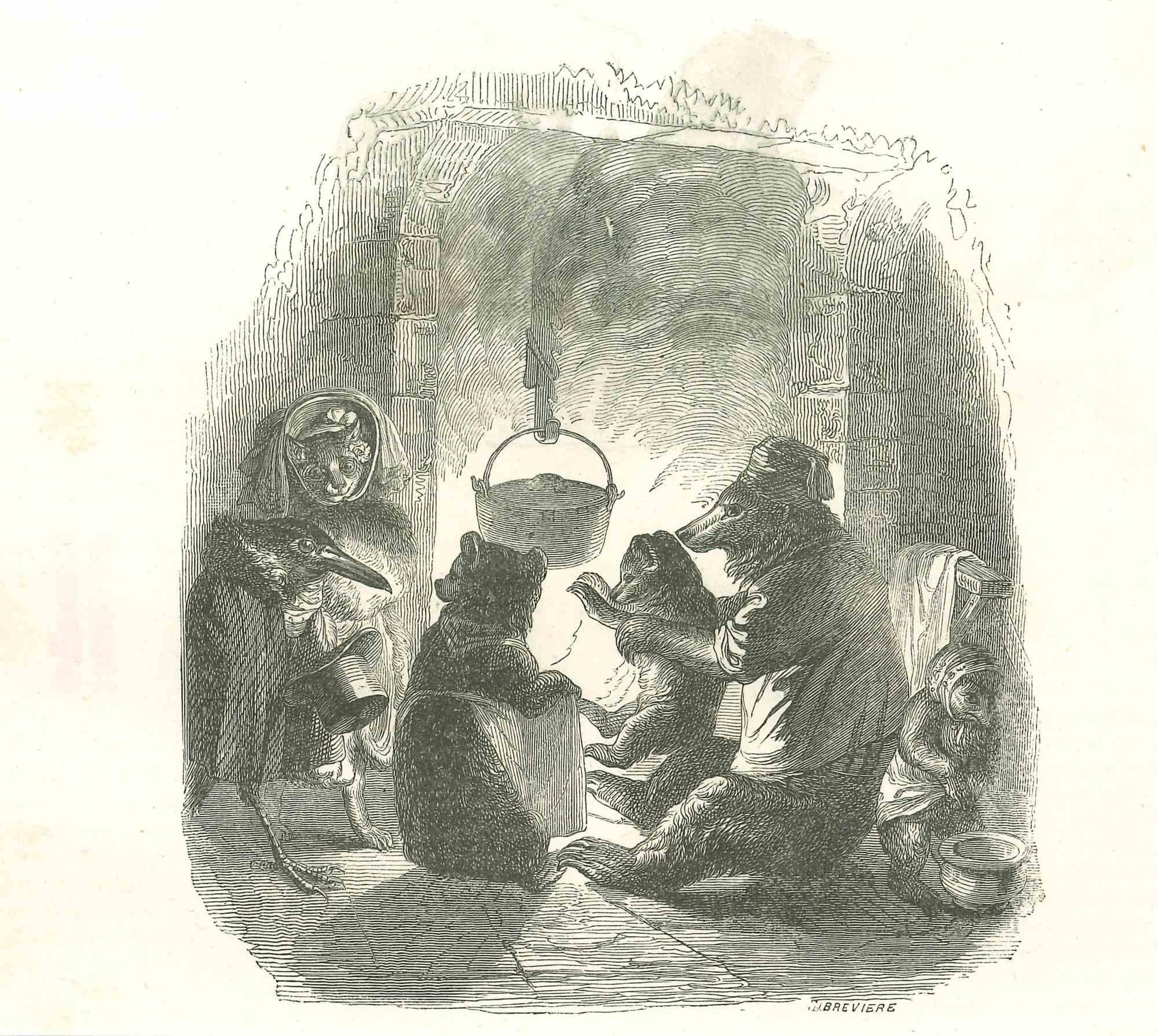 Warming Up - Original Lithograph by J.J Grandville - 1852