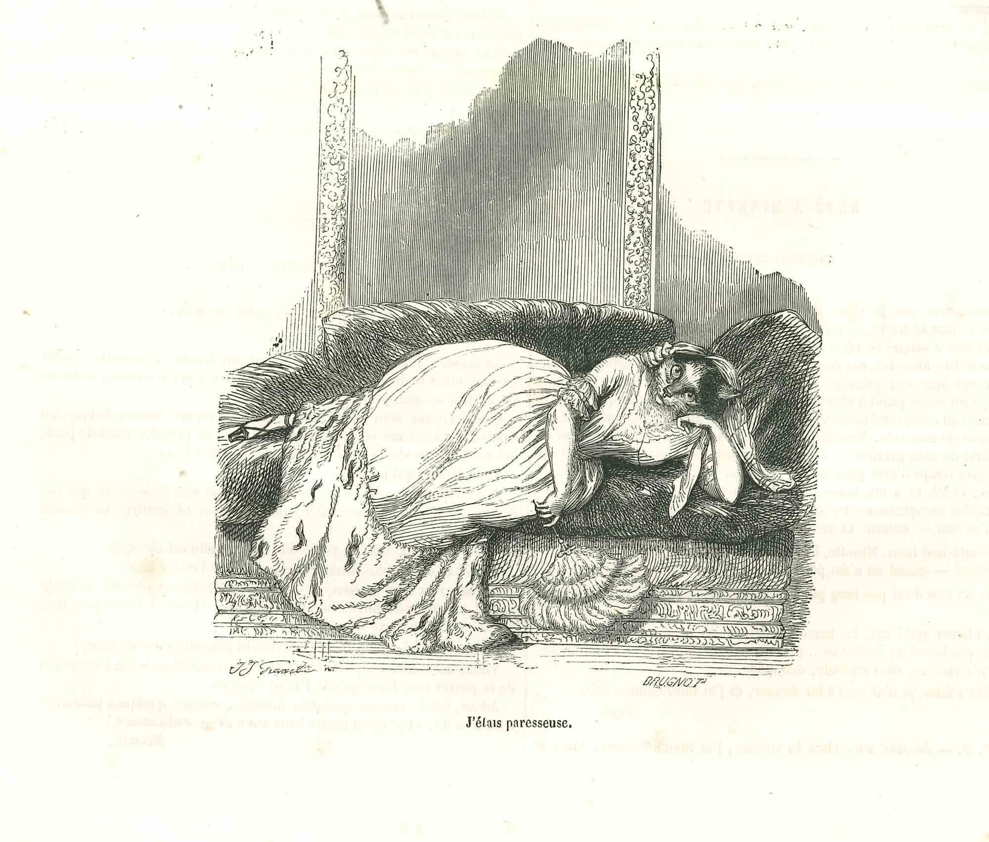J'Etait Paresseuse - Lithograph by J.J Grandville - 1852