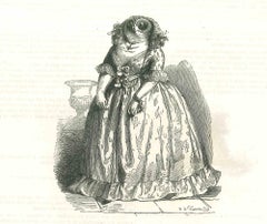 Antique Lady Owl - Original Lithograph by J.J Grandville - 1852