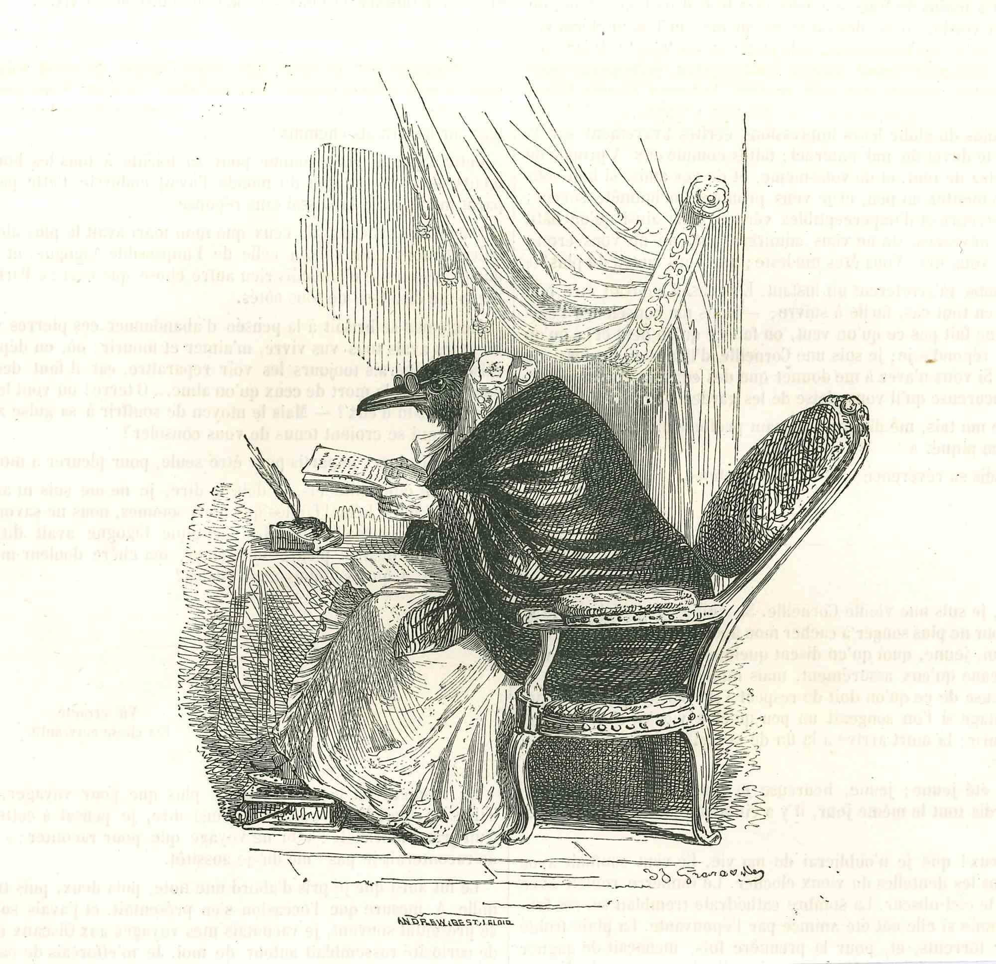 Jean Jeacques Grandville Animal Print - The Diseuse - Original Lithograph by J.J Grandville - 1852