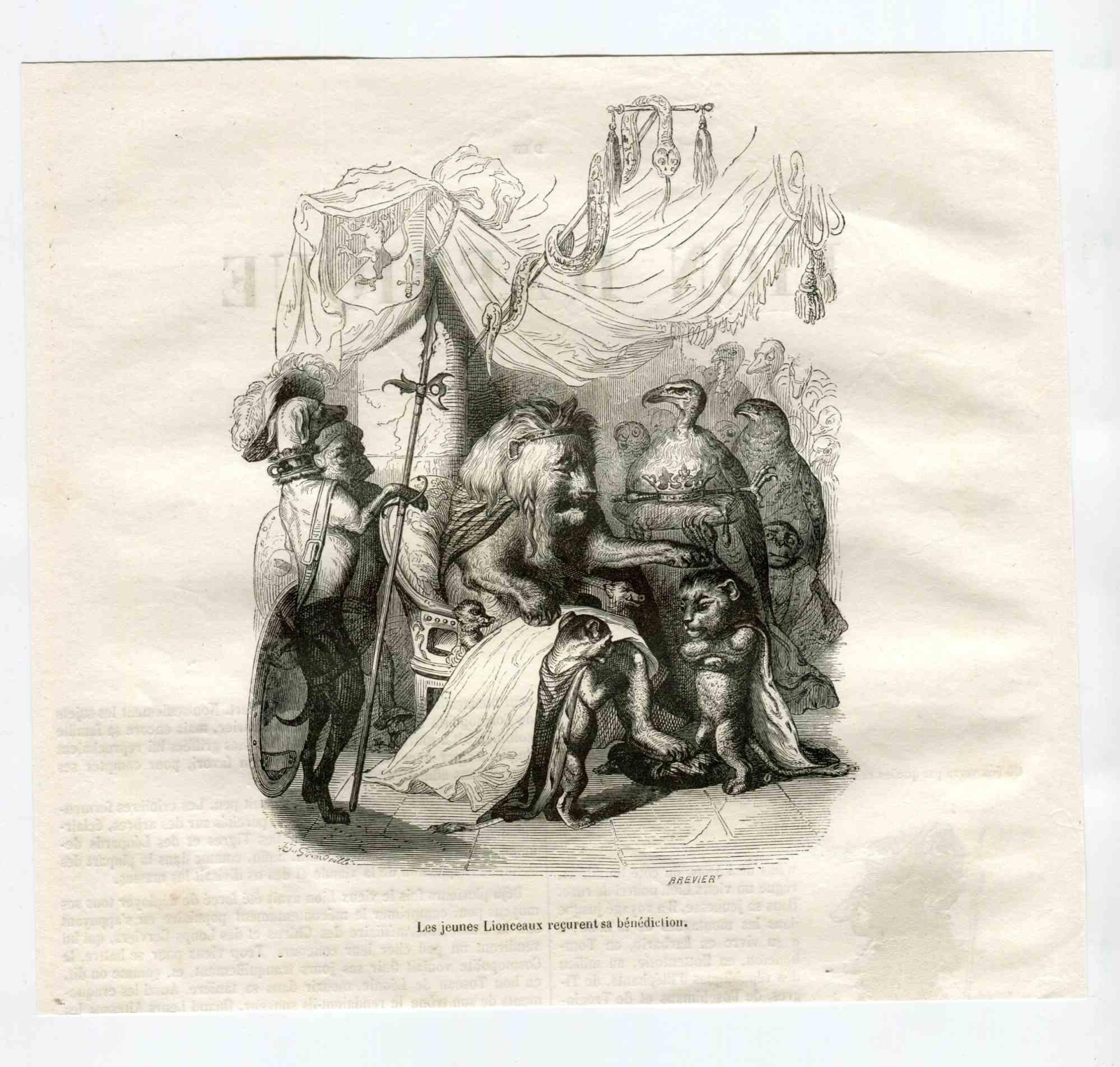Jean Jeacques Grandville Animal Print - The Benediction - Original Lithograph by J.J Grandville - 1852