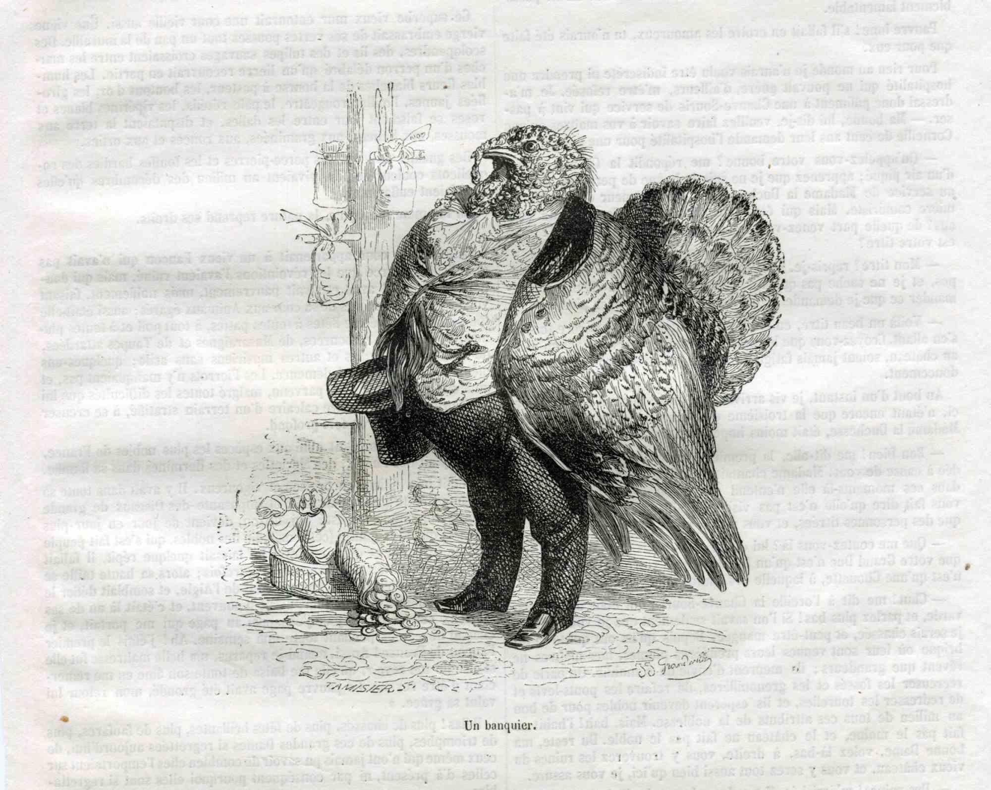 The Banker - Original Lithograph by J.J Grandville - 1852 - Art by Jean Jeacques Grandville