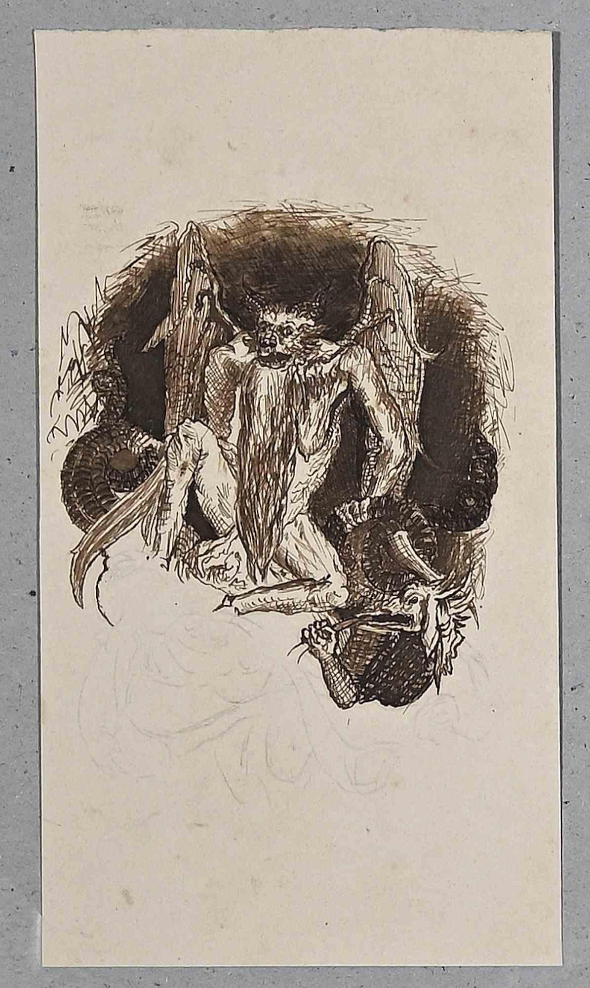 Unknown Figurative Art - Demons - Original China Ink - Mid 20th Century