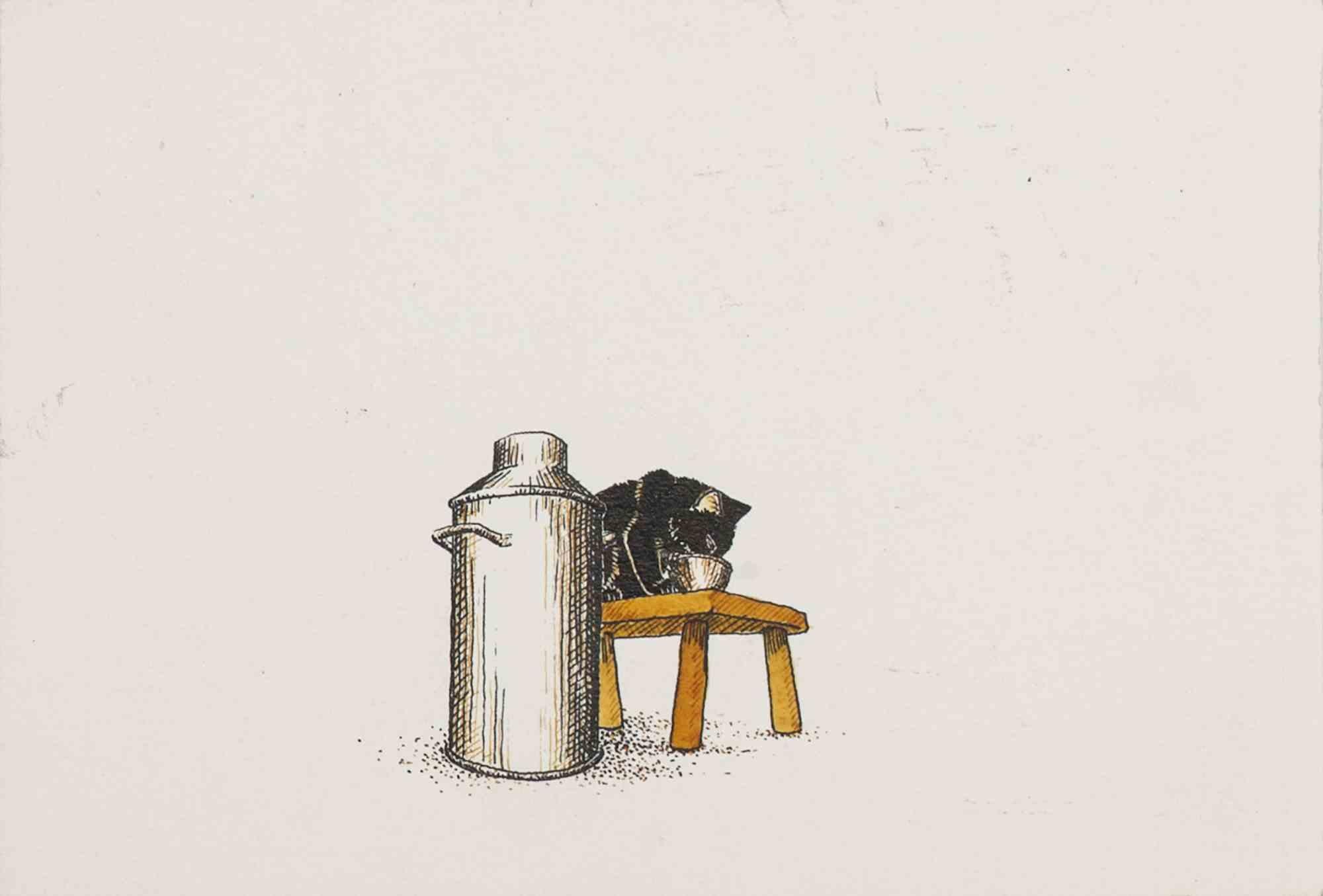 Unknown Animal Art -  Cat Drinking Milk - Original Drawing - Mid 20th Century