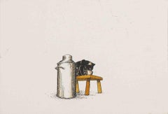  Cat Drinking Milk - Original Drawing - Mid 20th Century