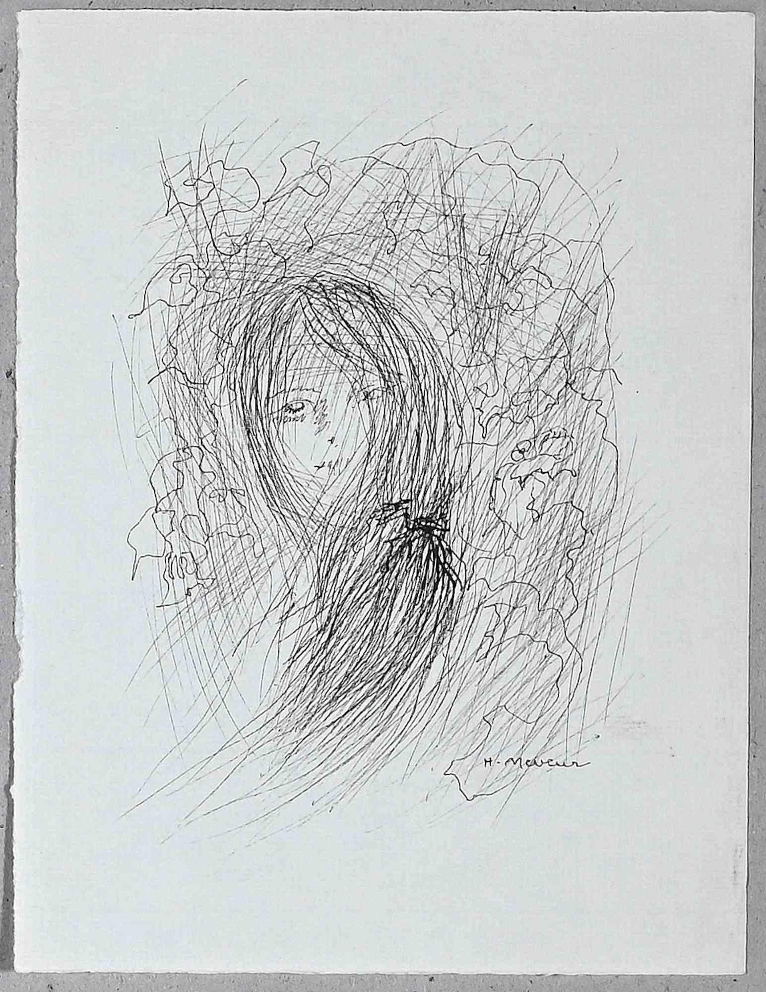 Portrait - Original Drawing by Helène Neveur - 1970s