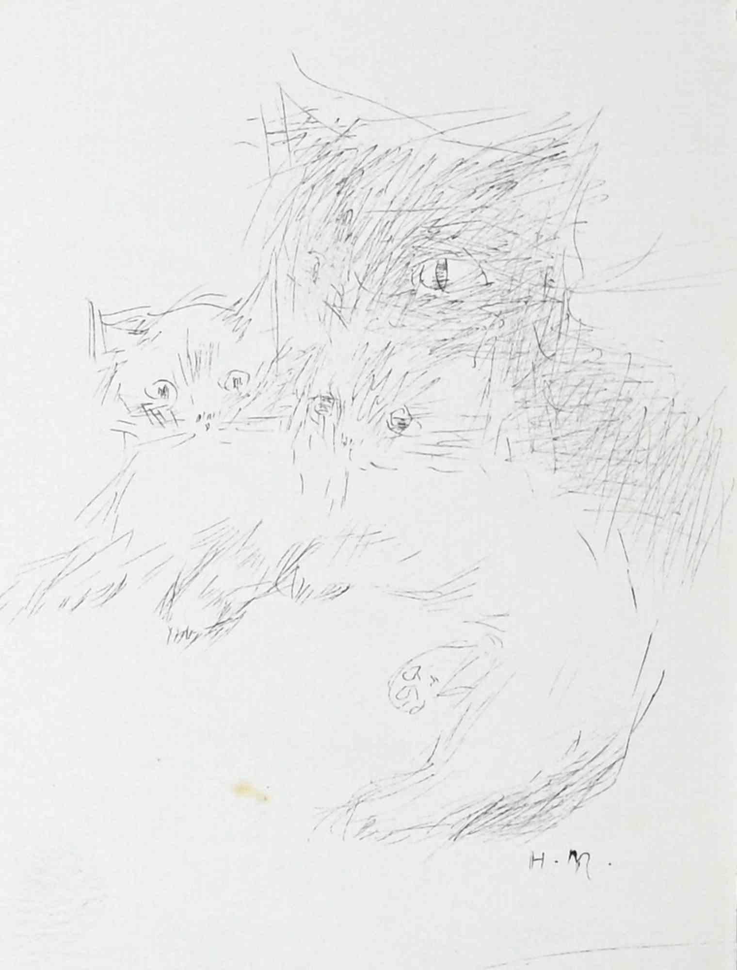 Portrait of Cats -  Drawing by Helène Neveur - 1970s
