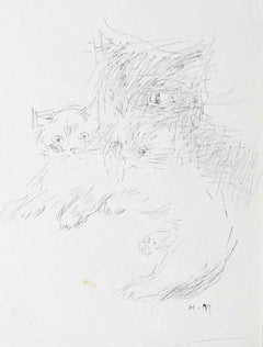 Vintage Portrait of Cats - Original Drawing by Helène Neveur - 1970s