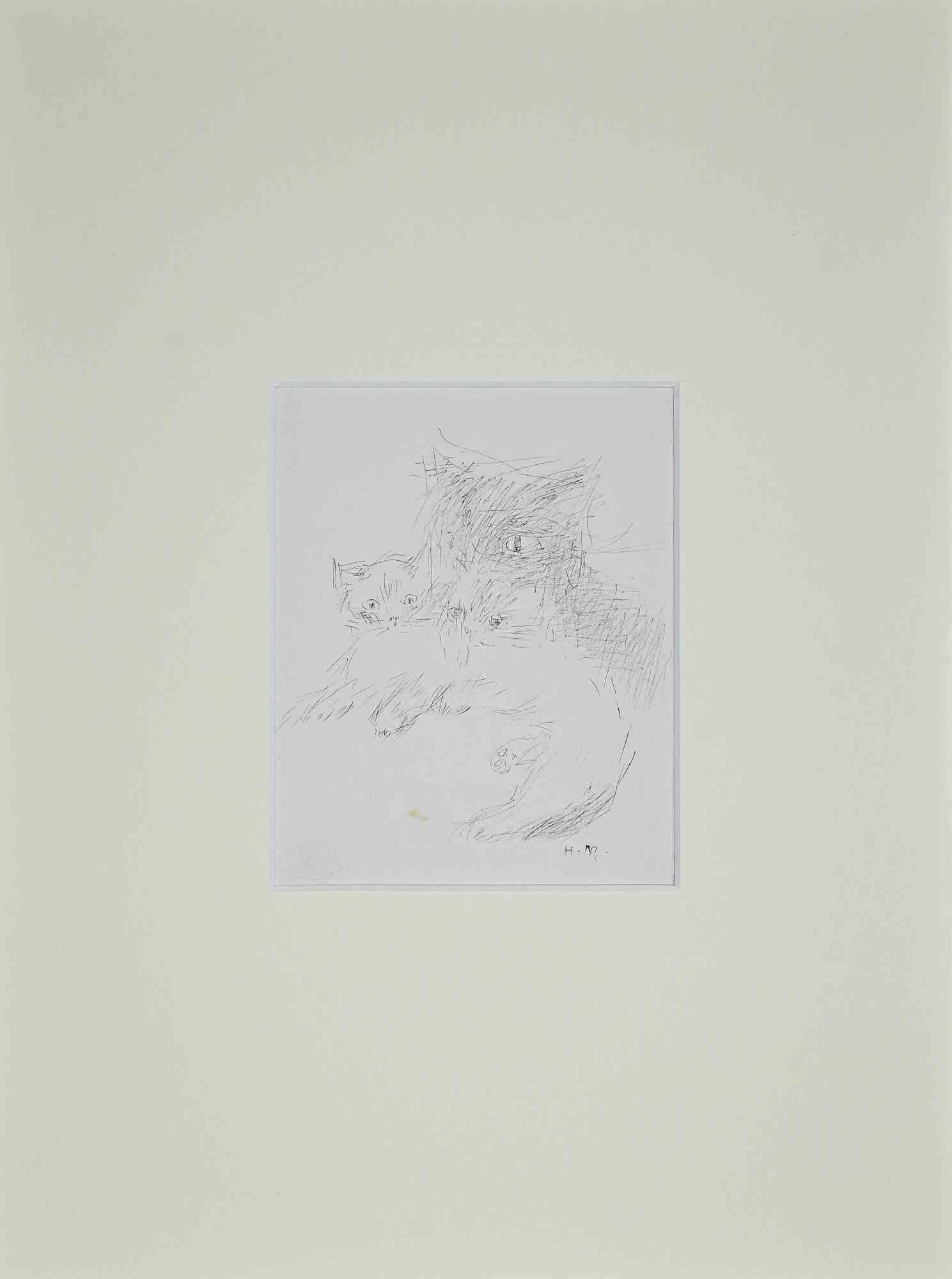 Portrait of Cats -  Drawing by Helène Neveur - 1970s For Sale 1