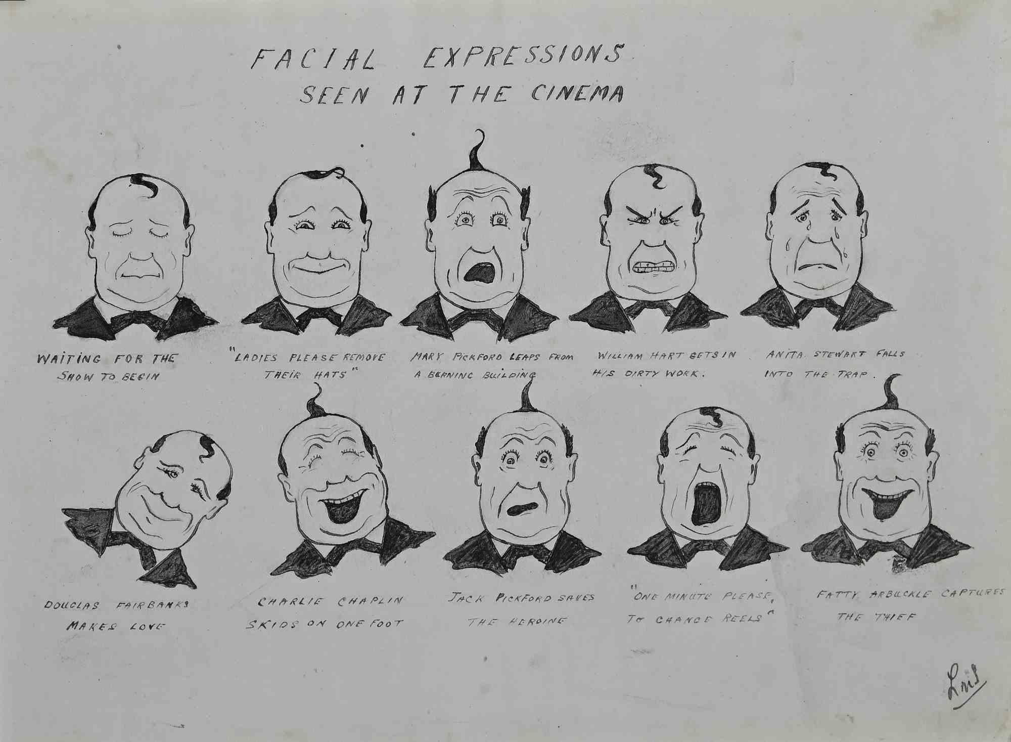 Unknown Portrait - Facial Expressions Seen at the Cinema - Drawing - 1940s