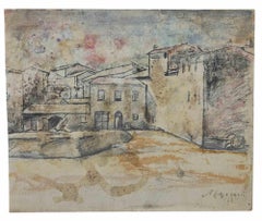 Landscape - Charcoal and Watercolor By Mino Maccari - 1940s