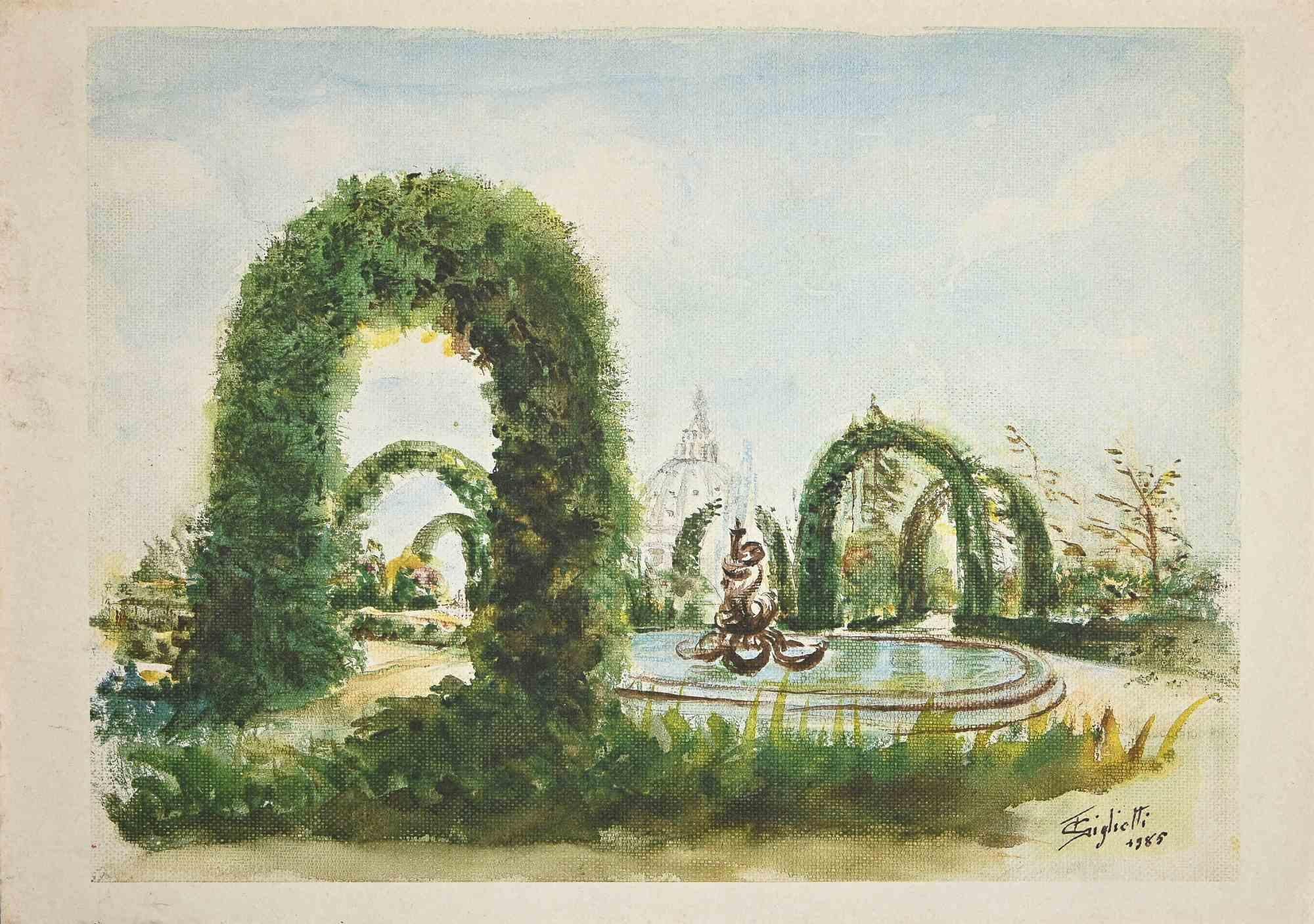 Garden in Rome is an original drawing in watercolor and Tempera realized by Zeno Giglietti in 1985.

Good conditions.

The artwork is depicted through harmonious colors in a well-balanced composition.