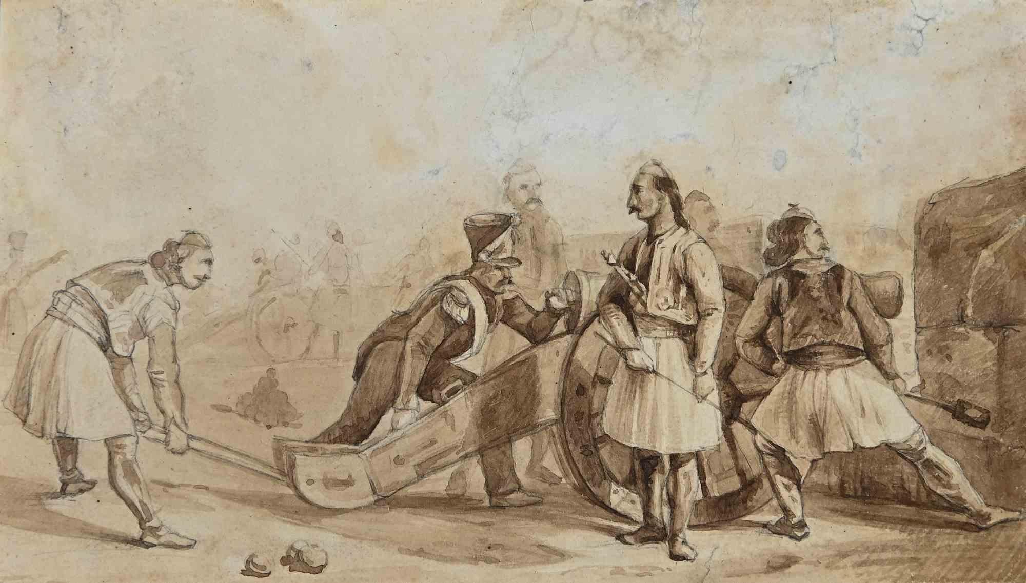 Unknown Figurative Art - Battle Preparation - Original Drawing - 19th Century
