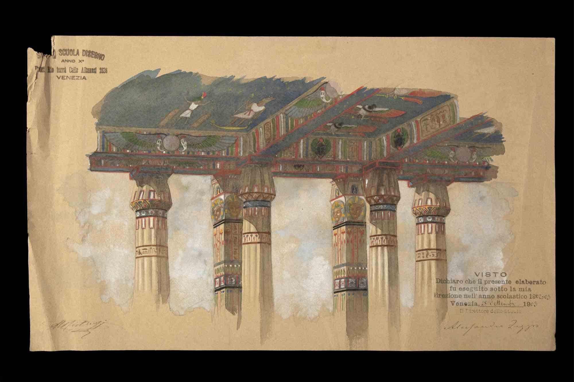 Sketch of Egyptian Temple - Original Pastel Drawing - Early 20th Century