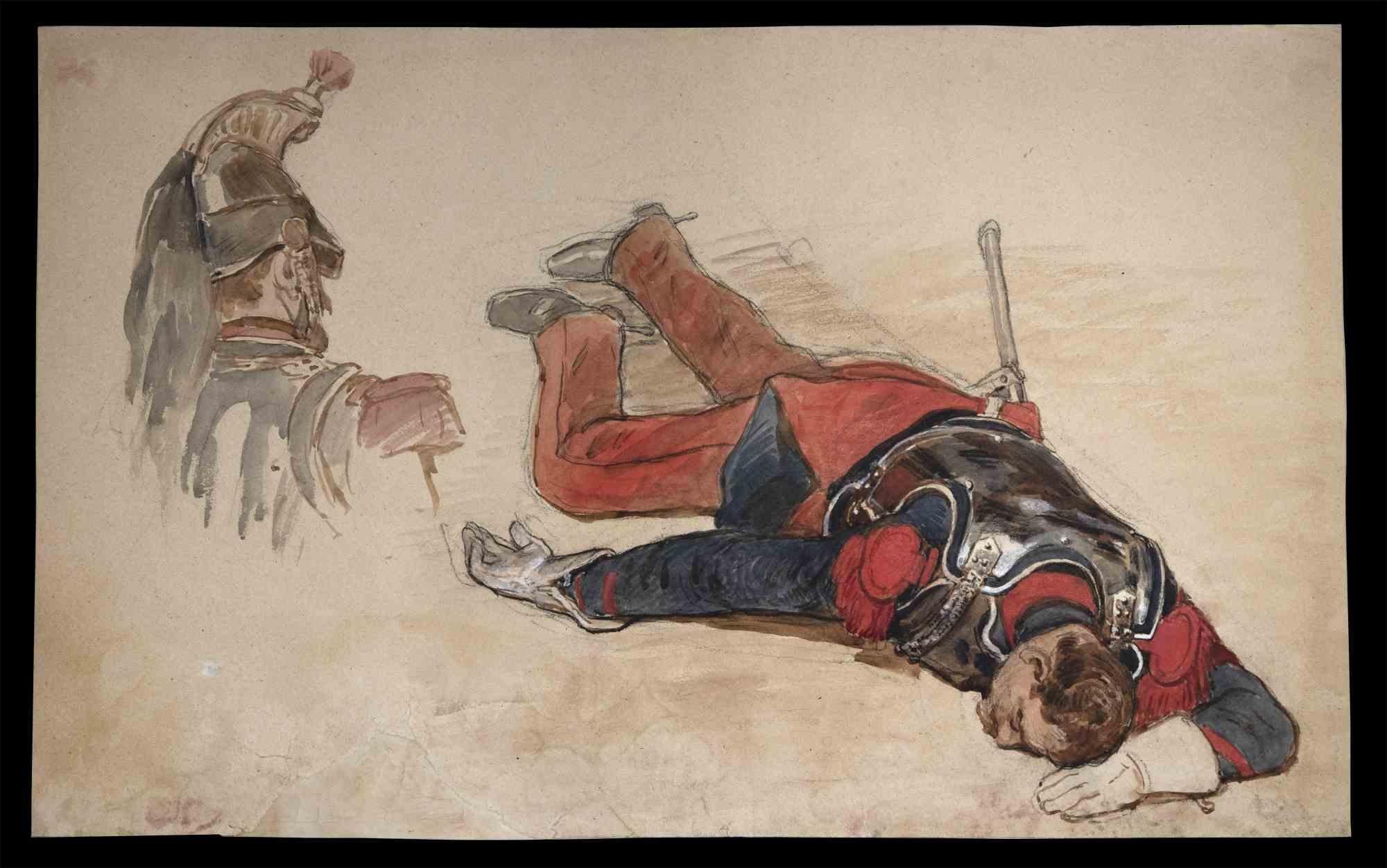 .Dead Soldier è un disegno originale a pastello, inchiostro e acquerello realizzato nel XIX secolo da Jules Cornillier (1830-1886).

Buone condizioni.

L'opera d'arte è rappresentata con tratti decisi in una composizione ben bilanciata.