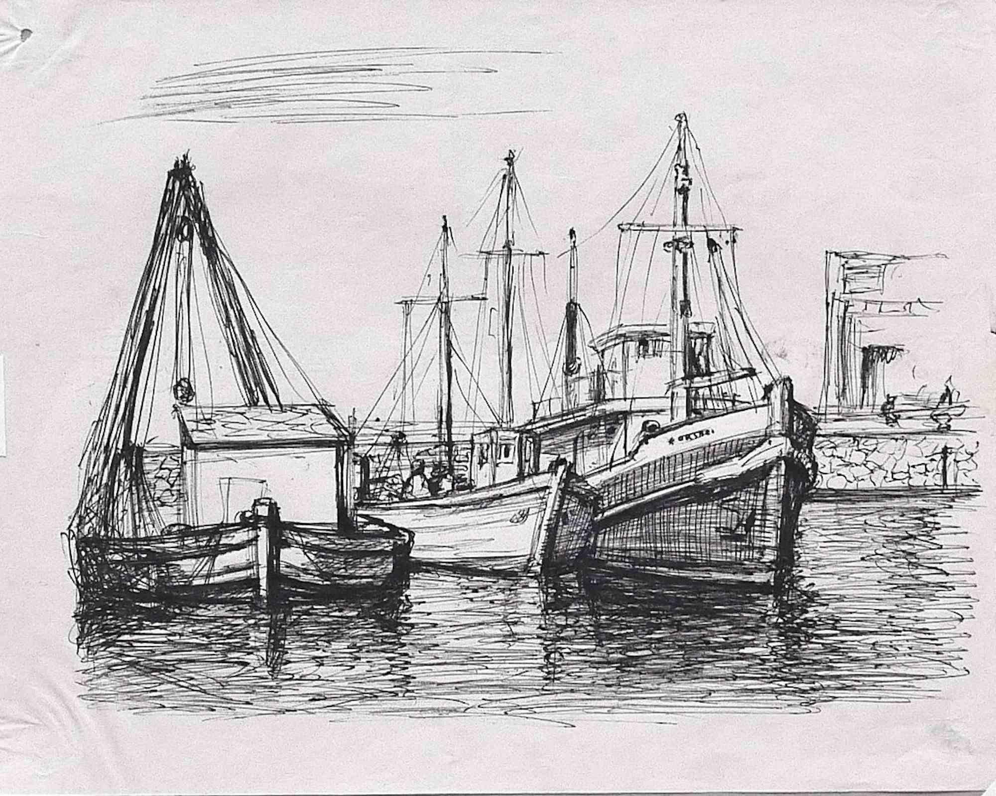 Unknown Figurative Art - Harbor View - Original Drawing  - Early 20th Century
