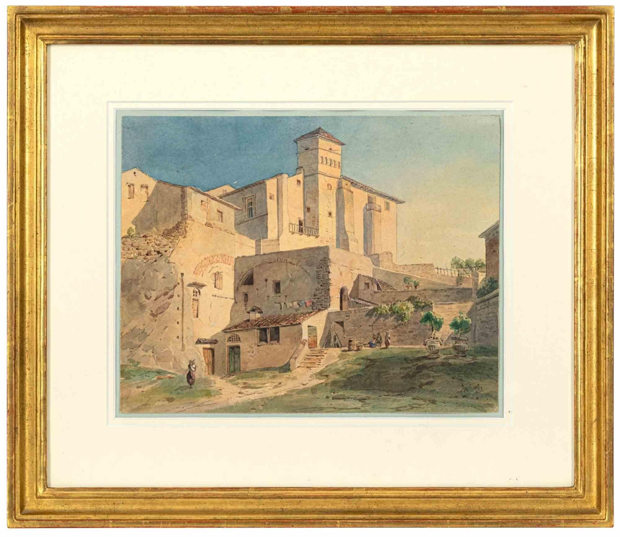 Unknown Landscape Art - A Roman Ancient Farm Estate - Drawing  - 1840s