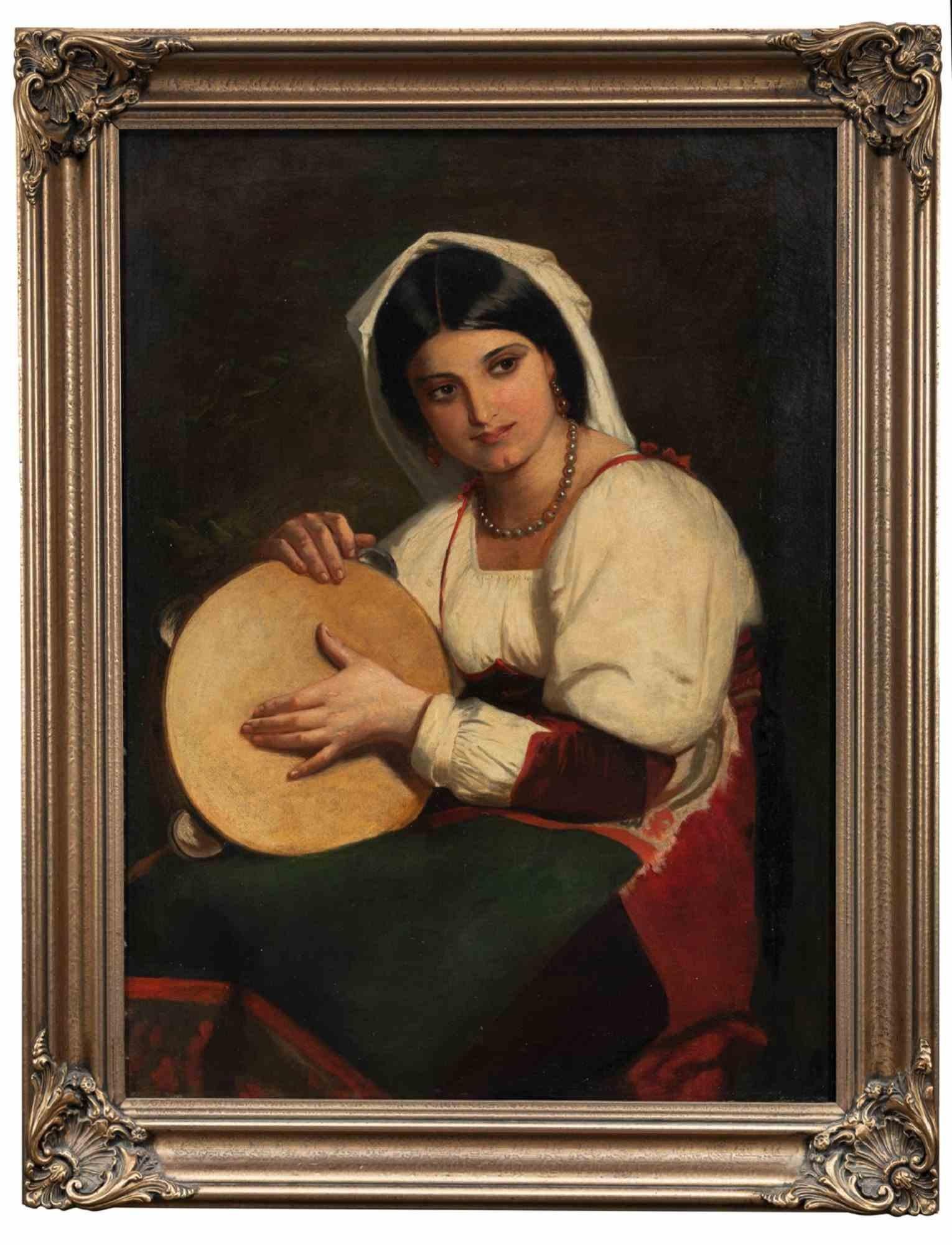 Unknown Figurative Art - Italian Girl with a Tambourine - Drawing  - 1900s