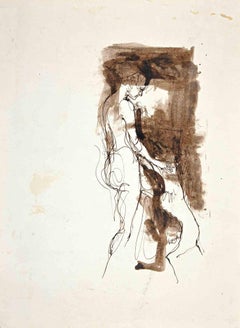 Woman and Dog - Original Drawing by Leo Guida - 1970s