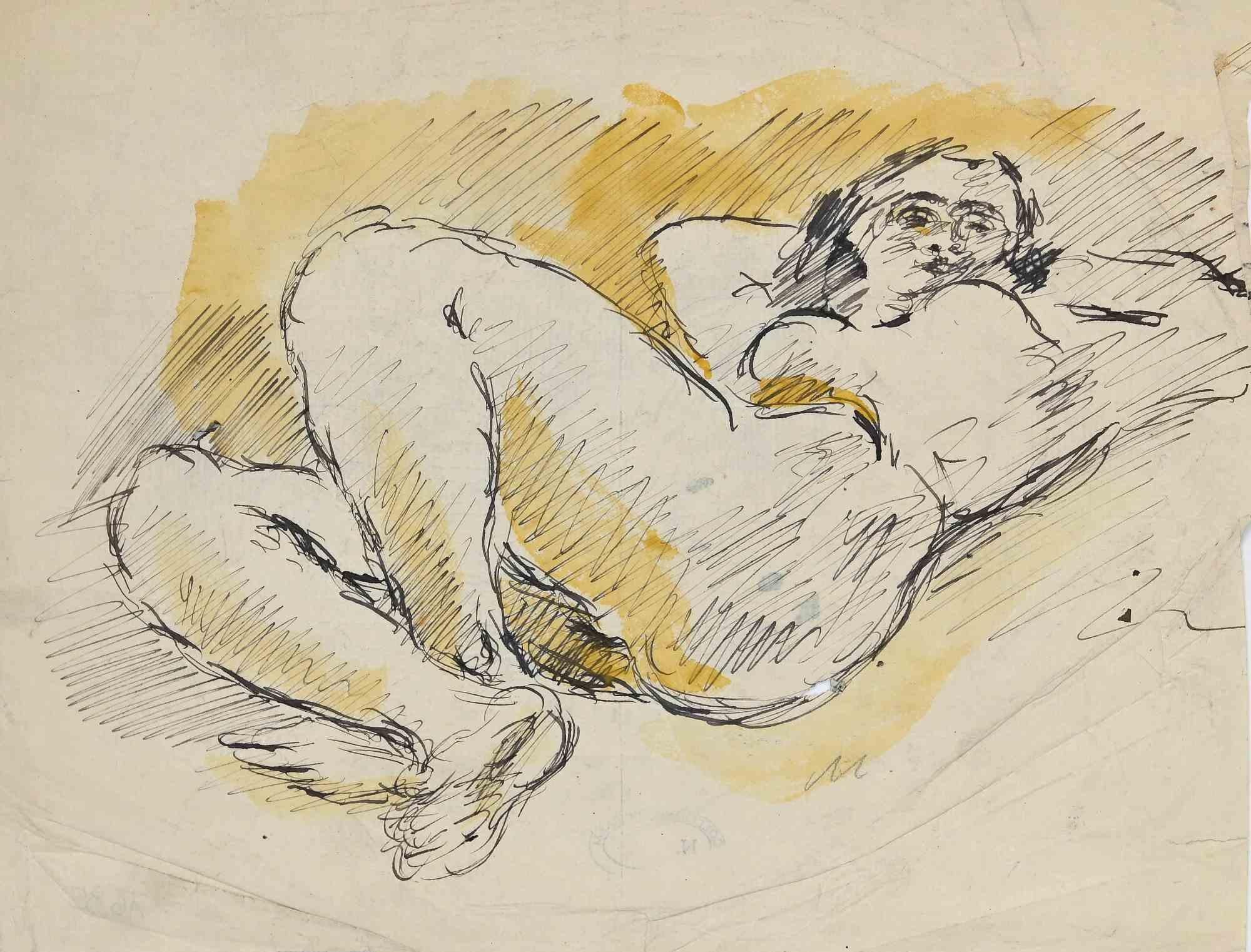 Reclined Nude - China Ink and Watercolor By Mino Maccari-Mid 20th century