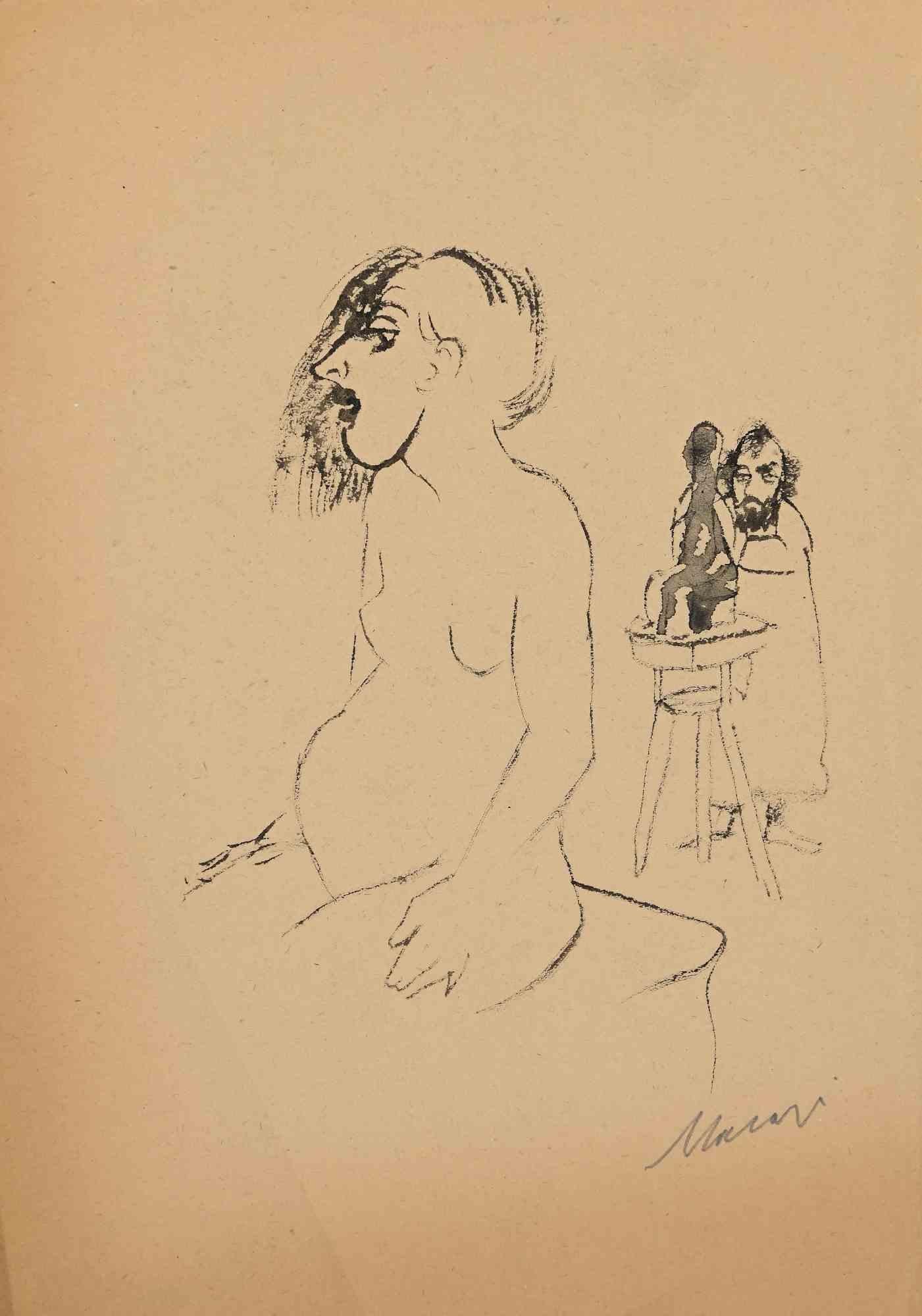 Sculptor and Model is an original China Ink Drawing realized by Mino Maccari in mid-20th Century.

Good condition on a brown paper.

Hand-signed by the artist with pencil.

Mino Maccari (1898-1989) was an Italian writer, painter, engraver and
