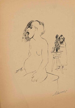 Sculptor and Model - China Ink By Mino Maccari - Mid 20th Century